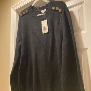 Crown&Ivy Black Crewneck Sweater with Rhinestone and Gold-Tone Shoulder Buttons